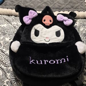 Kuromi Backpack Soft & Fuzzy 13x15x4.5" Black, Purple & White